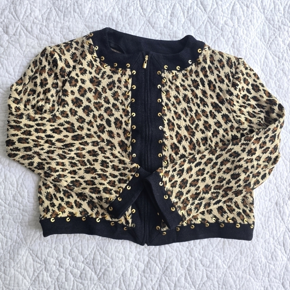 St.John Collection Leopard Print Zip Up Grommet Trim Knit Sweater Cardigan